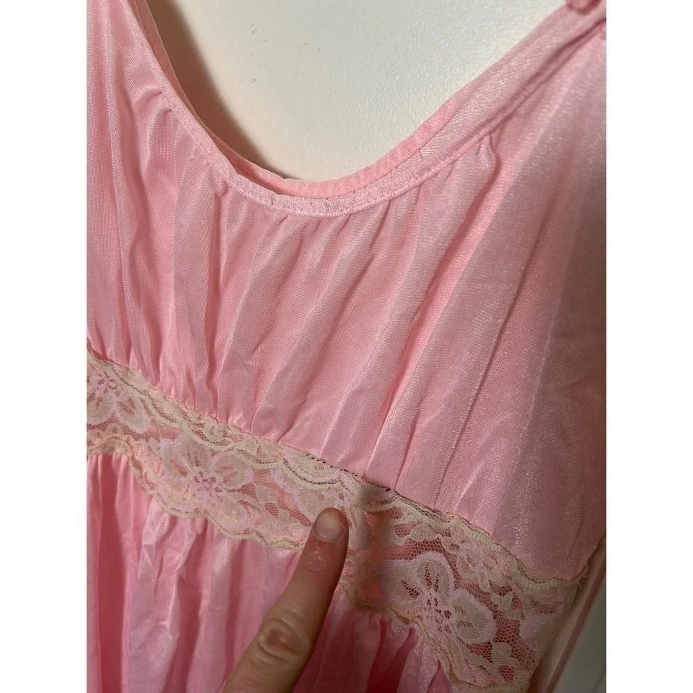 Vintage Pink Nylon Lace Empire Waist Nightgown Maxi Chemise Sleepwear Medium USA